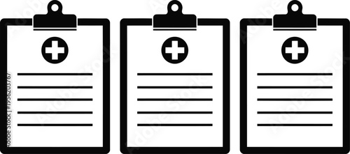 Three black medical clipboard icons with a plus symbol on white background for health documentation Vector