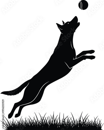 Black silhouette of a playful German Shepherd dog jumping high in the air to catch a ball over a green grass field background (25 words)