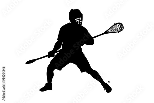 Black Vector Silhouette of a Lacrosse Player with Stick - Professional Sports Athlete Graphic Isolated on White