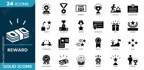Reward icon set. Achievement, success, trophy, medal, ranking, leaderboard, prize, bonus, winner, celebration and more. Solid vector icons collection.