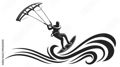 Black Vector Silhouette of a Windsurfer on Waves - Extreme Water Sports Icon Isolated on White