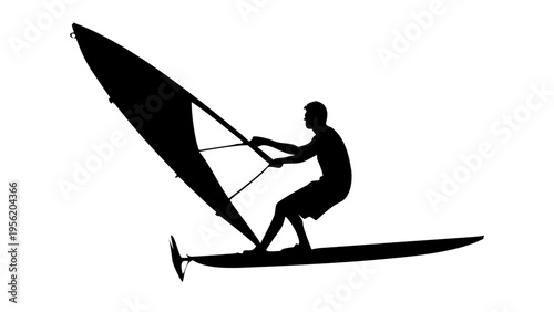 Black Vector Silhouette of a Windsurfer on Waves - Extreme Water Sports Icon Isolated on White