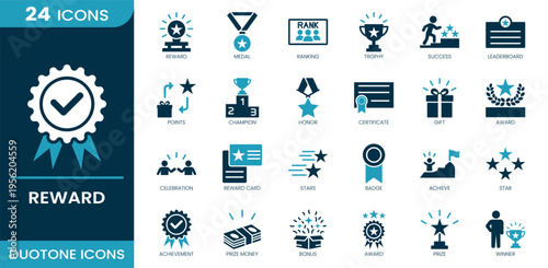 Reward icon set. Achievement, success, trophy, medal, ranking, leaderboard, prize, bonus, winner, celebration and more. Duotone vector icons collection.