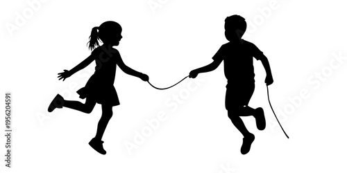 Black Vector Silhouette of a Boy and Girl Jumping Rope - Active Kids Playing Isolated on White