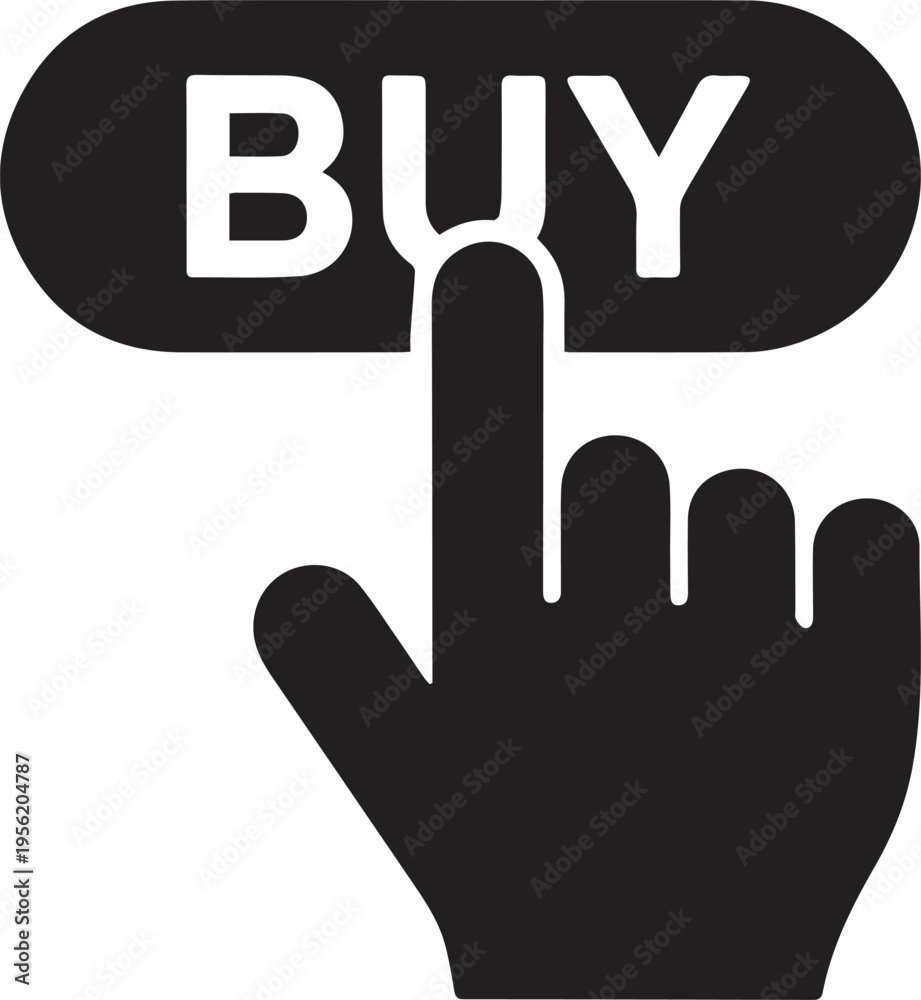 Obraz premium A black icon showing a human hand cursor pointing at a button with the word buy written on it