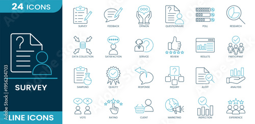 Survey icon set. Questionnaire, feedback, opinion, poll, research, data collection, satisfaction, review, response, analysis and more. Line vector icons collection.