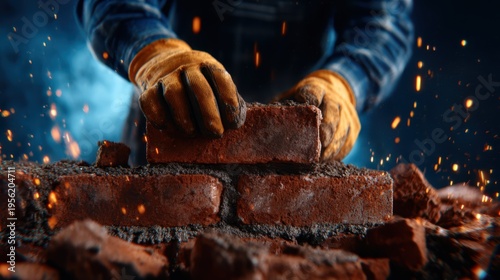 A close-up of a skilled worker laying bricks meticulously, with gloves on and sparks flying, showcasing the craftsmanship and dedication in the construction process.