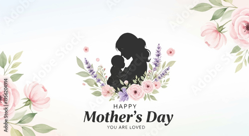 Mother's day greeting card with happy mother and child silhouette flowers and text on white background