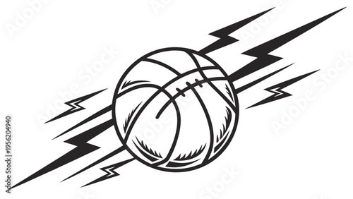 Black Vector Silhouette of a Speeding Ball with Lightning Bolt Power Trails Isolated on White