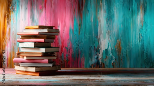 A visually appealing image of a stack of books against a colorful backdrop, symbolizing knowledge, education, and the beauty of literature and art together.