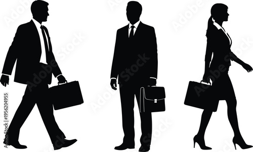 Business people silhouettes set, corporate man and woman with briefcases, professional office workers in formal attire walking isolated illustration