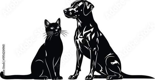 Black silhouette of a sitting domestic cat and a loyal dog friend looking away isolated on a clean white background for pet design (24 words)