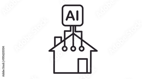 Black line icon of a smart home concept featuring a house with AI letters and circuit connections. Modern outline vector symbolizing artificial intelligence in home automation, smart living
