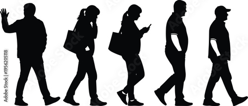 People silhouettes walking casually, diverse individuals with bags and smartphones, everyday lifestyle concept, informal clothing figures isolated black illustration