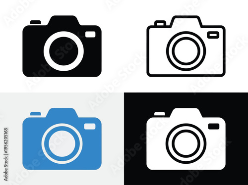 Digital Camera Icon Set Vector Flat Design Black Blue White Symbols Photography Media Capture