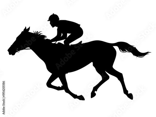 Black Vector Silhouette of a Horse and Jockey Racing - Equestrian Sport Action Isolated on White