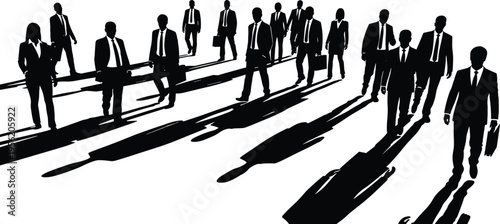 Business team silhouettes walking with long shadows, corporate professionals carrying briefcases, office workers in formal attire, leadership concept isolated illustration