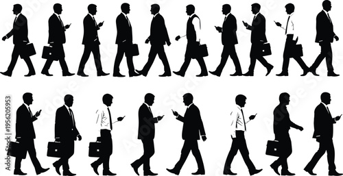 Business people silhouettes walking, corporate men with briefcases and smartphones, office workers in formal attire, professional team isolated black illustration