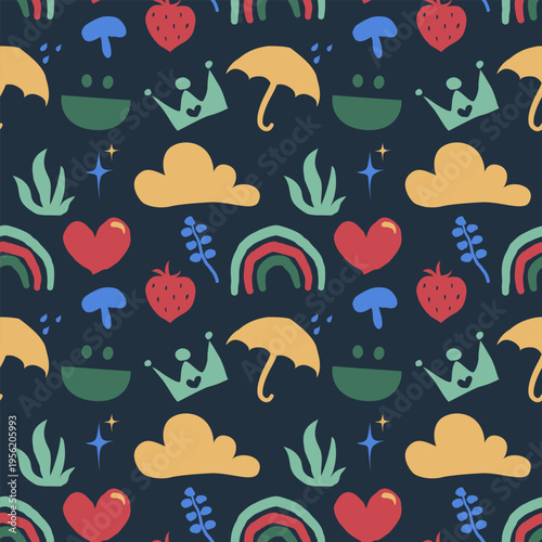 Colorful seamless pattern with whimsical icons such as rainbows, hearts, strawberries, mushrooms, umbrellas, clouds, and crowns on a dark background.