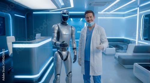 Portrait of a human doctor and an AI humanoid robot in a modern medical center.