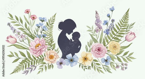 Mother and child silhouette surrounded by colorful flowers and leaves on light green background