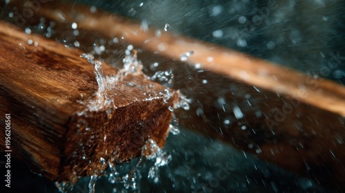 Dynamic water splashes emerging from a wooden beam, capturing the raw energy and movement of nature's water in a striking and artistic display.