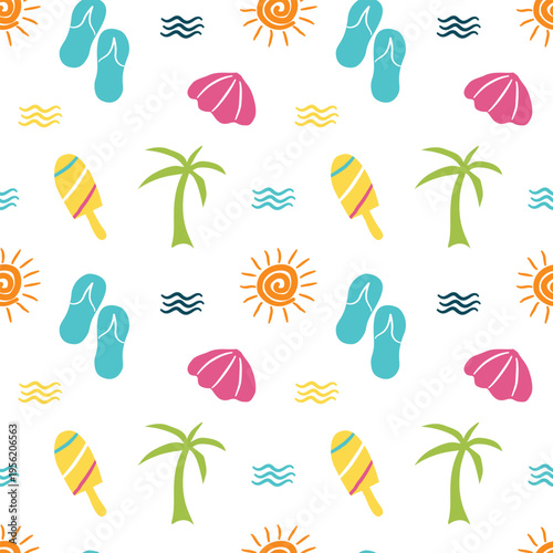 Seamless summer themed pattern featuring beach icons such as palm trees, shells, sunglasses, flip flops, sunshine, and popsicles in a colorful playful arrangement.