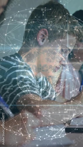 Vertical video: School student reaching for pen starting globe over desk pausing, writing notes