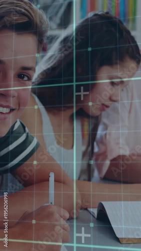 Vertical video: Closeup pen starting writing, students working in class under shifting teal grid