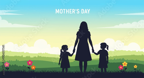 Mother and daughters holding hands in a field of flowers at sunset with a serene landscape background