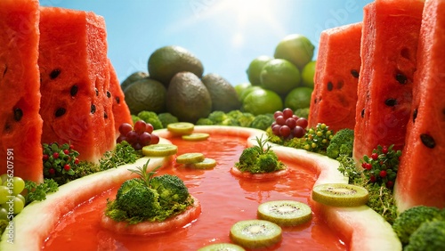 A whimsical and vibrant edible landscape features towering slices of fresh red watermelon forming majestic cliffs, with a winding river of refreshing watermelon juice flowing through, adorned with