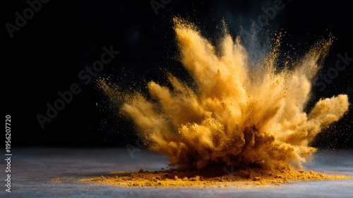 A stunning image showcasing a vivid yellow powder explosion, creating a dramatic contrast against a dark backdrop, emphasizing motion and energy in the striking composition.
