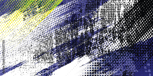 Neon yellow and purple grunge halftone abstract background with paint splatter and diagonal brush strokes for modern urban poster or banner