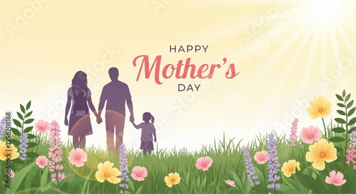 Happy mother's day family walking hand in green grass field with colorful flowers