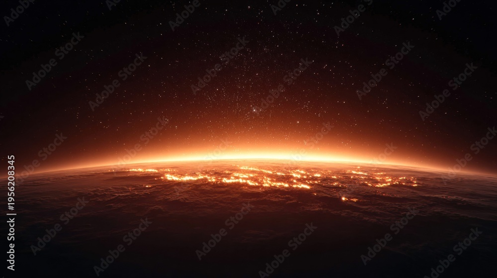 Obraz premium Earth's horizon glows with city lights against a starry night sky.
