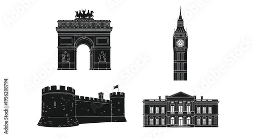 Illustrations of famous landmarks in black and white