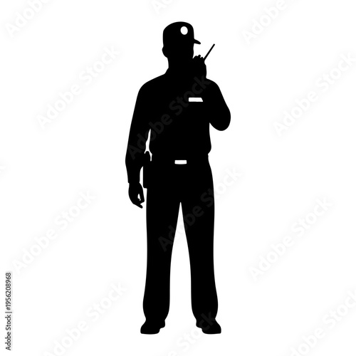 Security guard in uniform silhouette talking on radio, vector illustration