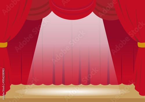 This is an illustration of a stage with a red curtain illuminated by a spotlight.