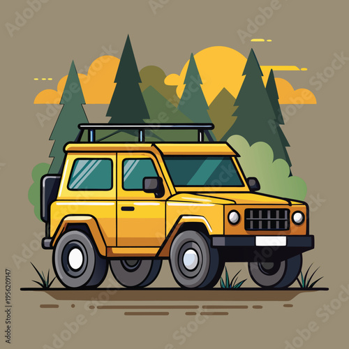 Yellow off road SUV in forest at sunset adventure travel and outdoor exploration illustration