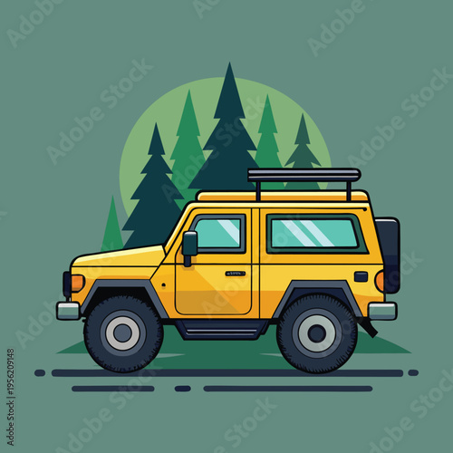 Off road adventure vehicle in forest landscape with yellow SUV outdoor travel illustration