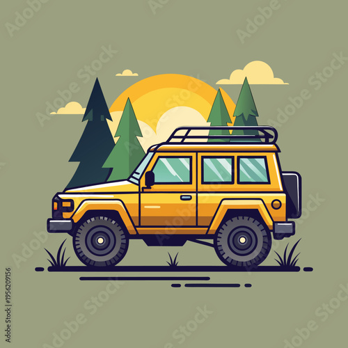 Off road SUV in forest sunset landscape adventure travel and outdoor road trip illustration