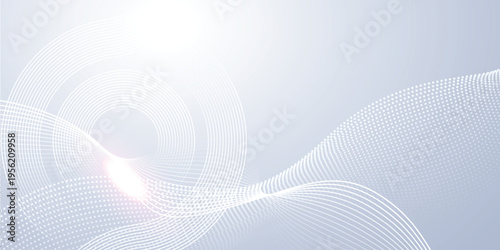 White circular wave lines and dotted halftone on soft light blue abstract technology background with bright glow, modern corporate banner template
