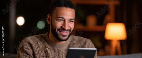 Wallpaper Mural Cheerful latino man enjoying tablet in warm inviting living room space Torontodigital.ca