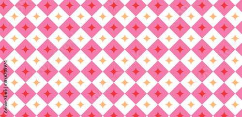 Diamond seamless pattern with stars pink y2k checkered background sparkling Seamless abstract geometric diamond pattern with sparkling stars pink