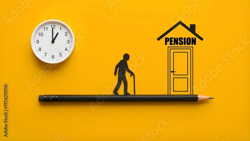 A striking conceptual image portrays the human journey towards retirement, featuring a silhouetted elderly person carefully walking with a cane on a long black pencil, moving directly towards a