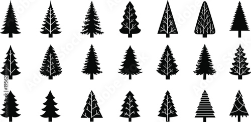 Large collection of black pine tree silhouettes including fir, spruce, and cedar icons isolated on white background for winter forest and mountain landscape design (24 words)