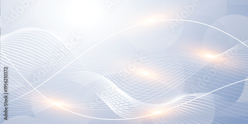 Light blue abstract technology background with white dynamic wave lines and soft glowing light flares for modern business banner design