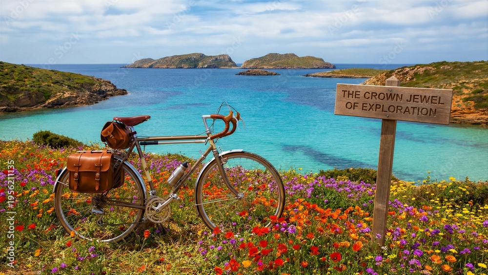 Fototapeta premium A charming vintage-style touring bicycle, equipped with a classic brown leather saddle and practical matching pannier bags, stands beautifully parked amidst a vibrant, colorful carpet of wild