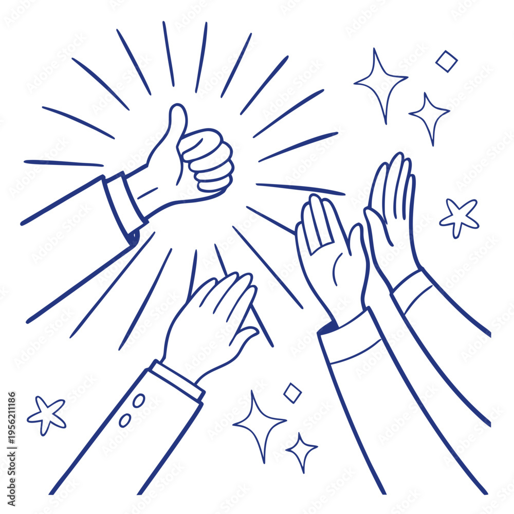 Obraz premium Minimal Blue Line Hand Gesture Icon Set – Clapping, Thumbs Up, Applause Vector Collection