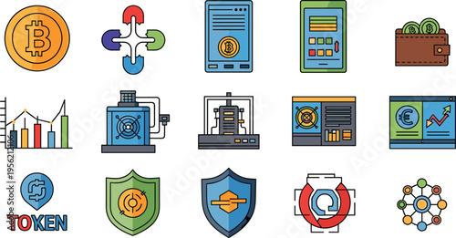 Cryptocurrency Mining and Blockchain Technology Icon Set